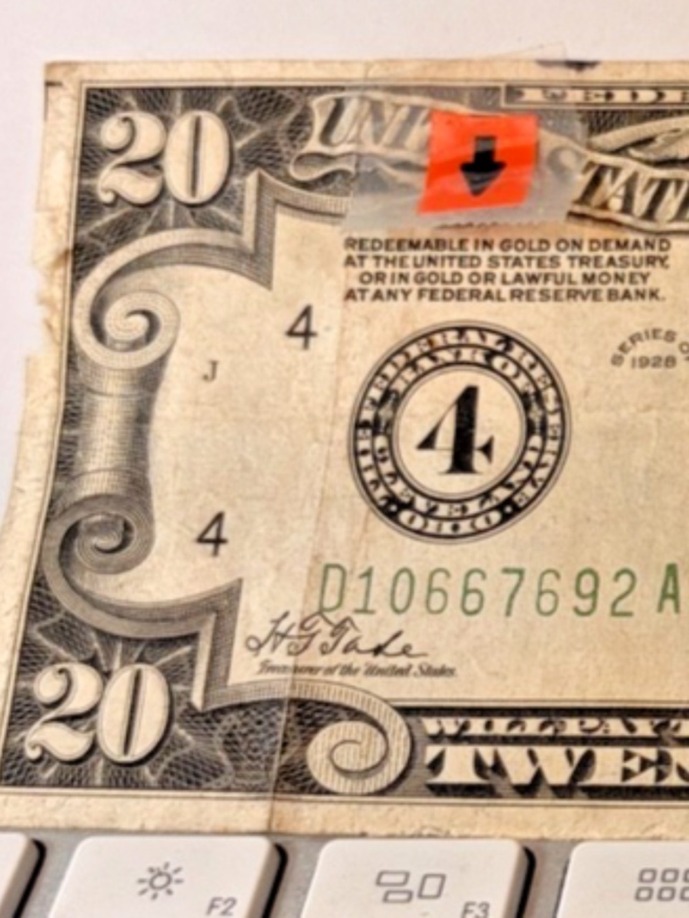1928 $20 Pat Federal Gold Note Miscut Cleveland #206527277953